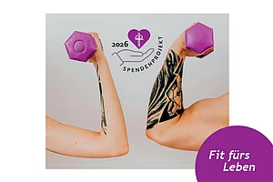 Logo des Spendenprojekts 2026 mit dem Slogan 'Fit fürs Leben' zeigt 2 Arme mit Hanteln – einen weiblichen und einen männlichen.